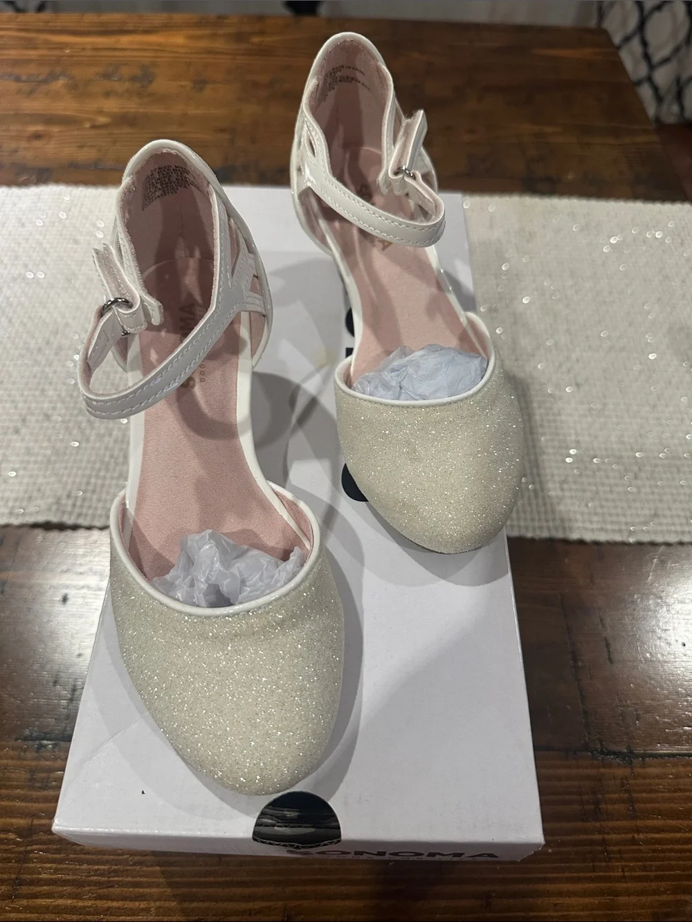 Girls' Glitter Ankle-Strap Dress Shoes in Ivory